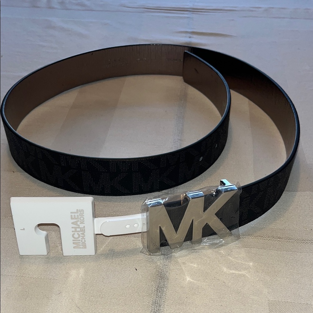 NWT Michael Kors MK Woman’s Black Belt with MK Silver Buckle Size L